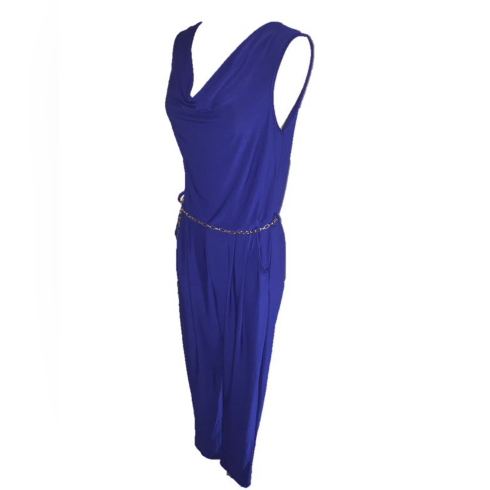 Blue Plunge Cowl Neck Jumpsuit Peg Leg with Gold Chain